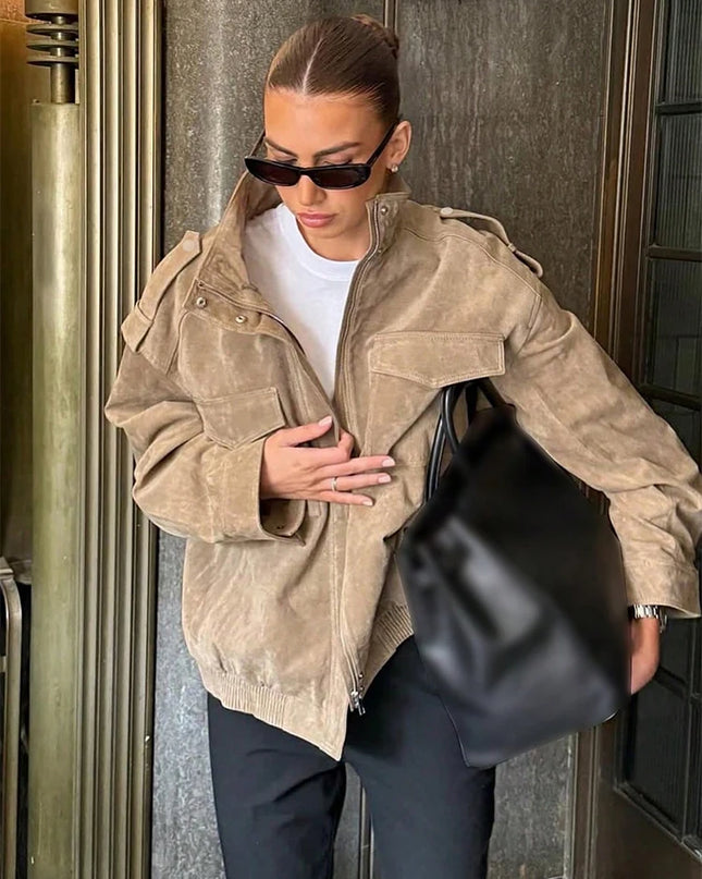 Women's Faux Suede Zipper Jacket - Loose Fit, Chic and Stylish