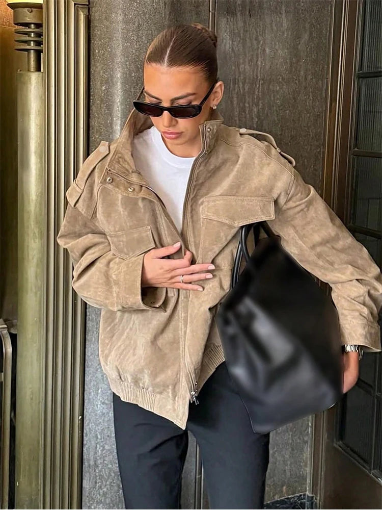 Women's Faux Suede Zipper Jacket - Loose Fit, Chic and Stylish