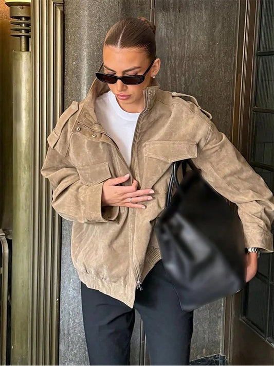 Women's Faux Suede Zipper Jacket - Loose Fit, Chic and Stylish