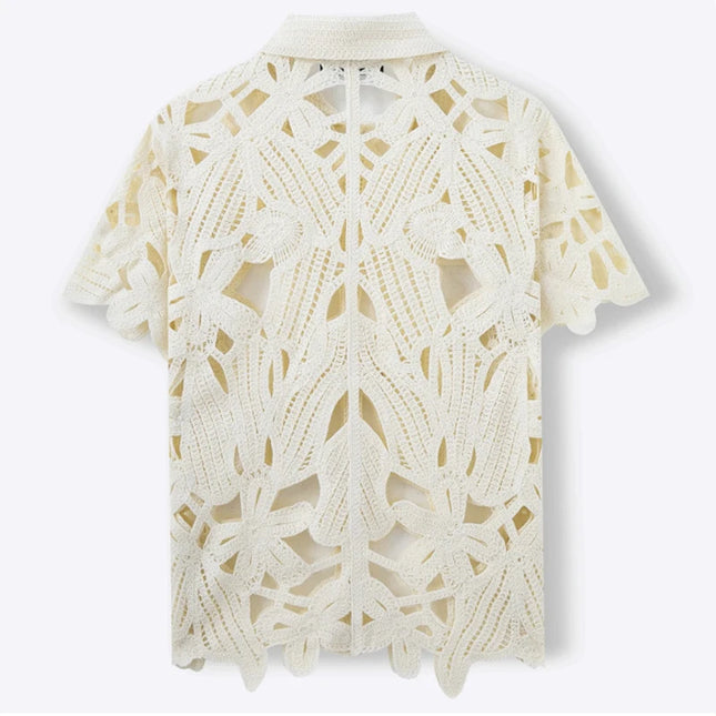 Retro Crochet Men's Shirt with Floral Knit Mesh Design