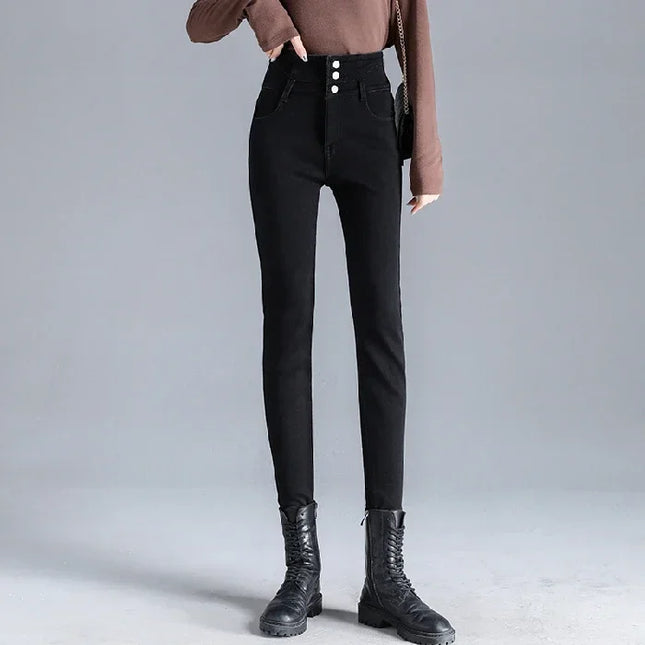 Women's High-Waisted Stretch Denim Pants with Multi-Button Closure