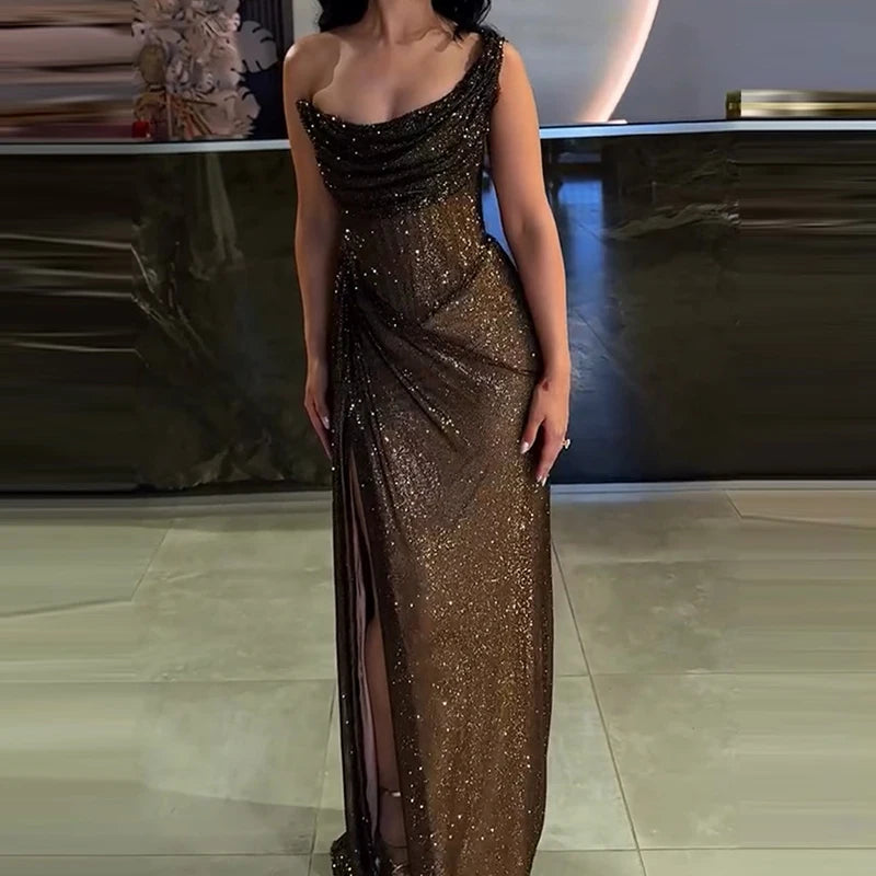Women's Elegant One Shoulder Glitter Maxi Dress - Full Length High Split Slim Fit