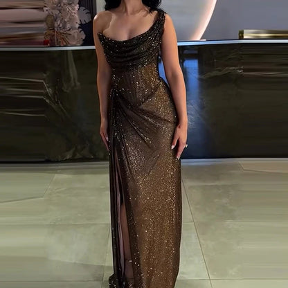 Women's Elegant One Shoulder Glitter Maxi Dress - Full Length High Split Slim Fit