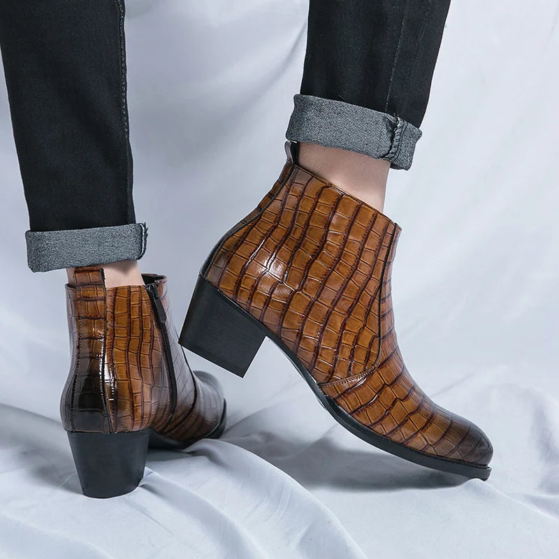 Men's Luxury Leather Ankle Boots with High Heels