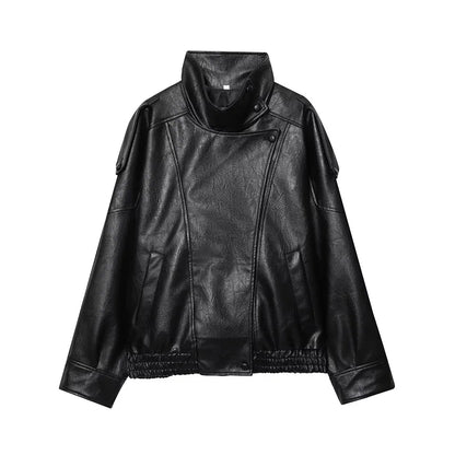 Women's Faux Leather Loose Jacket with Stand Collar and Zipper