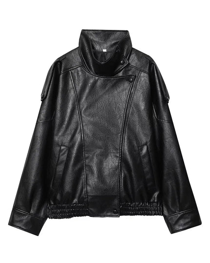 Women's Faux Leather Loose Jacket with Stand Collar and Zipper