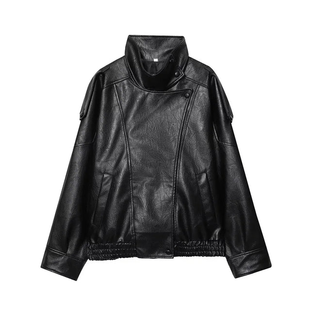 Women's Faux Leather Loose Jacket with Stand Collar and Zipper