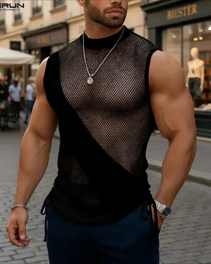 Incerun Men's Mesh Tank Top with Turtleneck and Side Lace Details