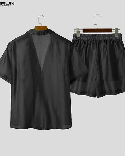 INCERUN Men’s Two-Piece Sheer Short-Sleeve Shirt and Shorts Set
