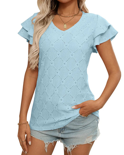 Women’s Elegant V-Neck Blouse with Ruffle Details and Short Sleeves