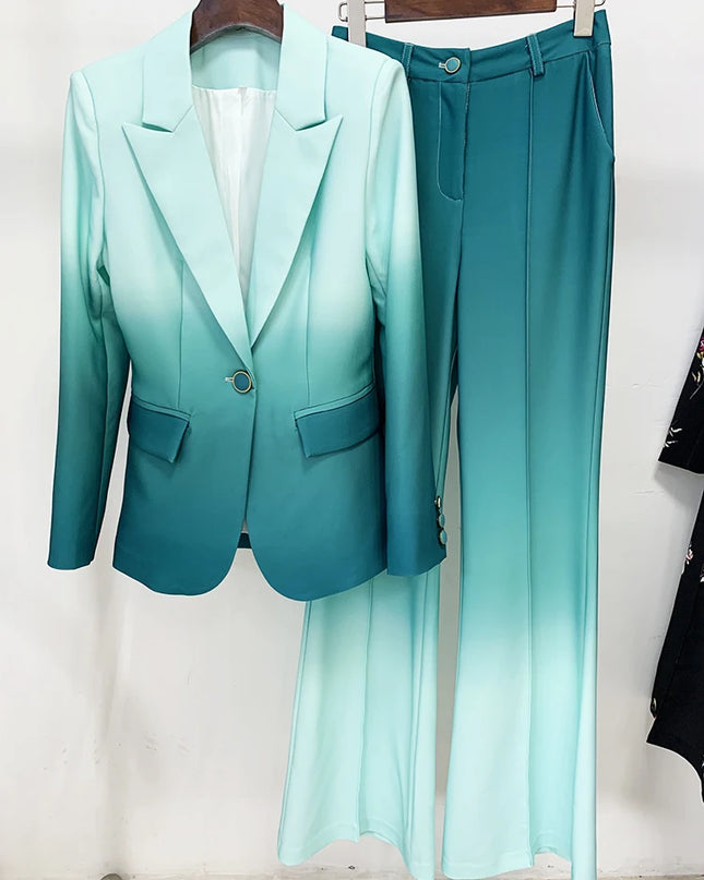Women's Gradient Color Printed Two-Piece Blazer and Flare Pants Set