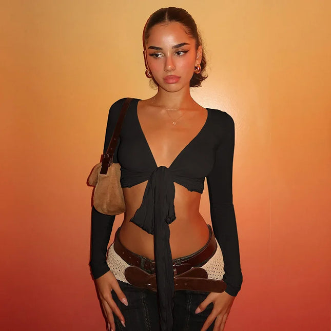 Slim Lace-Up V-Neck Crop Top with Long Sleeves