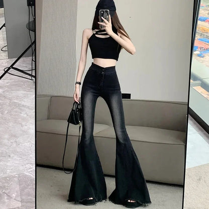 Women's Vintage High Waist Flare Jeans - Slim Fit Wide Leg Denim Pants