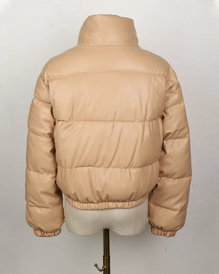 Women's Short PU Leather Parka -  Cotton Padded Down Jacket