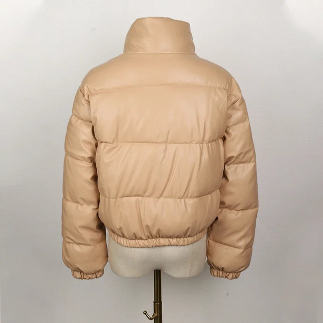 Women's Short PU Leather Parka -  Cotton Padded Down Jacket