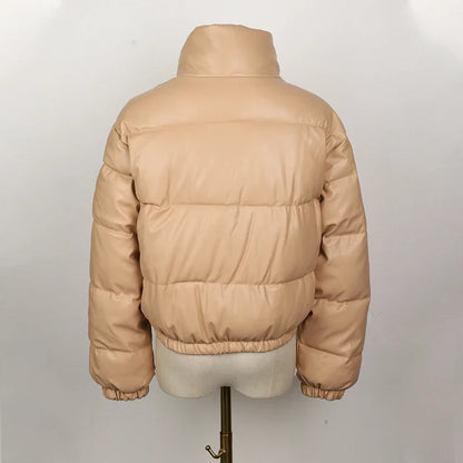 Women's Short PU Leather Parka -  Cotton Padded Down Jacket
