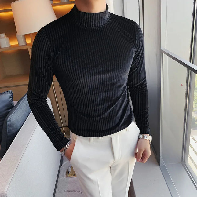 Men's Slim Fit Long Sleeve Stripe Sweater with Half Turtleneck