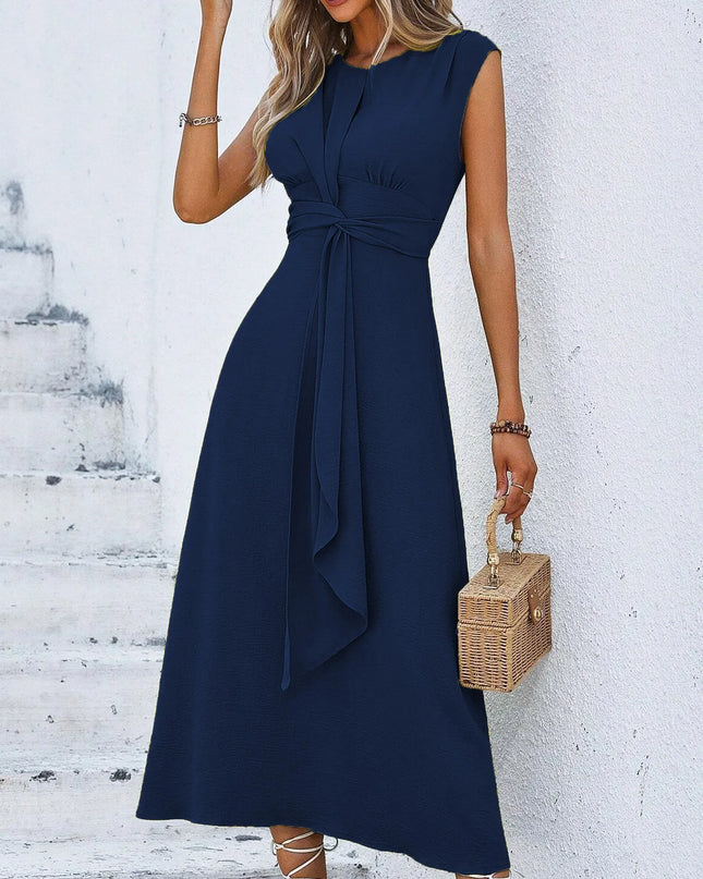 Women's Elegant Belted Midi Dress with Thin Front Straps