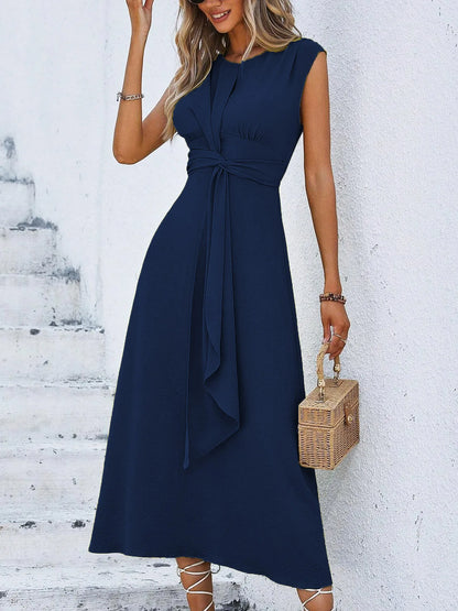 Women's Elegant Belted Midi Dress with Thin Front Straps