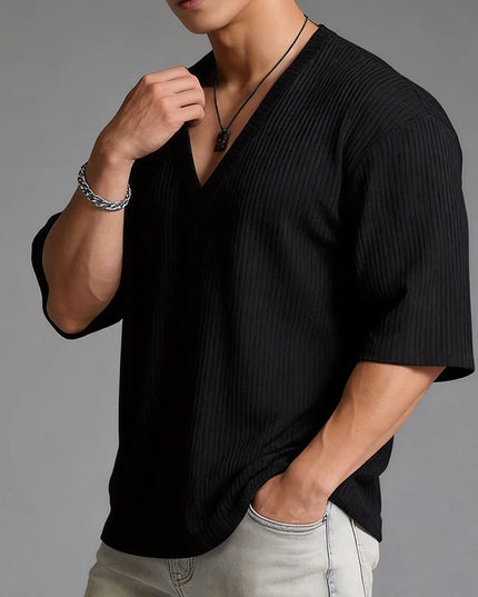 Men's V-Neck Short Sleeve Casual Slim Fit Ribbed T-Shirt