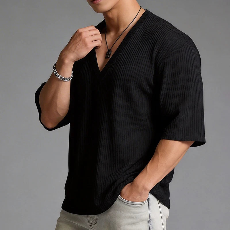 Men's V-Neck Short Sleeve Casual Slim Fit Ribbed T-Shirt