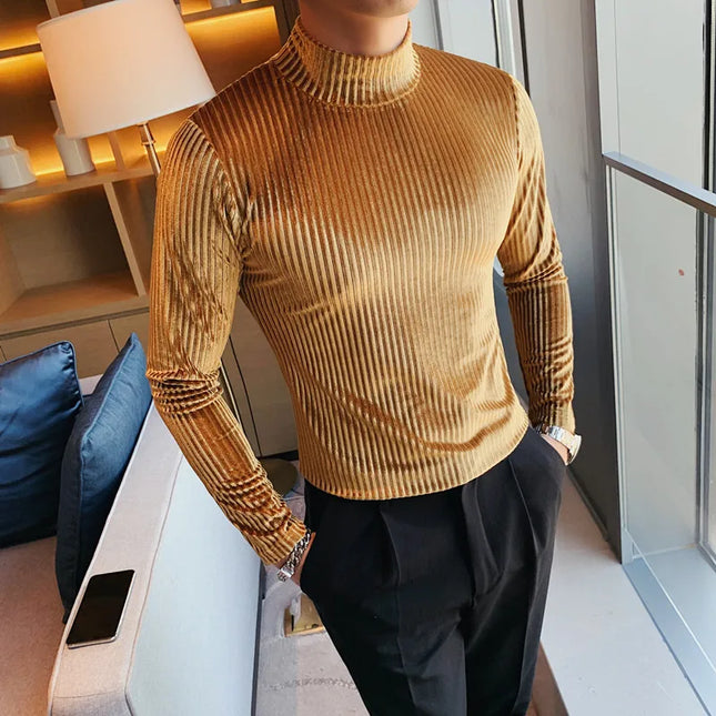 Men's Slim Fit Long Sleeve Stripe Sweater with Half Turtleneck
