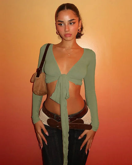Slim Lace-Up V-Neck Crop Top with Long Sleeves