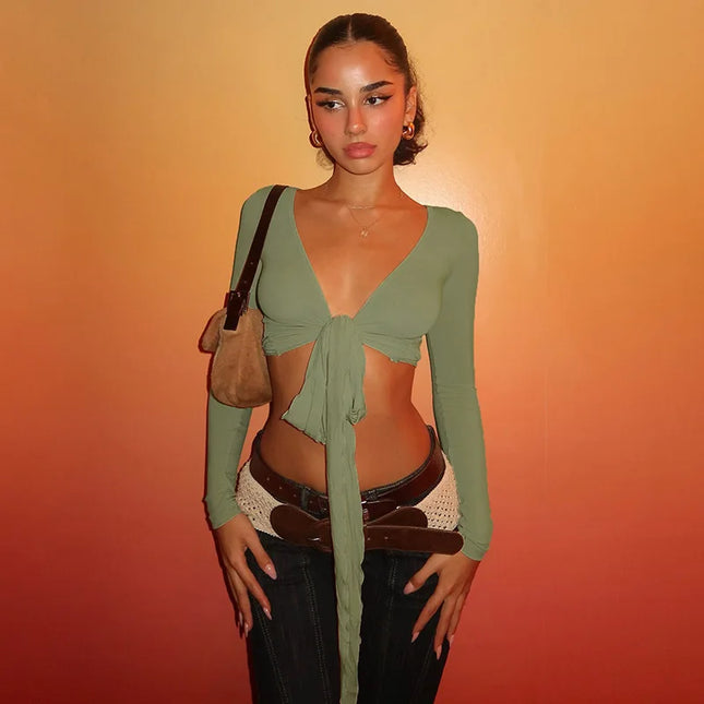 Slim Lace-Up V-Neck Crop Top with Long Sleeves