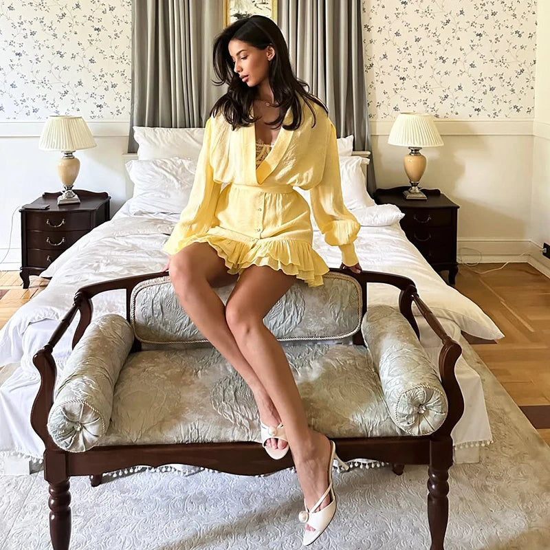 Women's Ruffled Shirt Dress with Deep V-Neck, Loose Lantern Sleeves