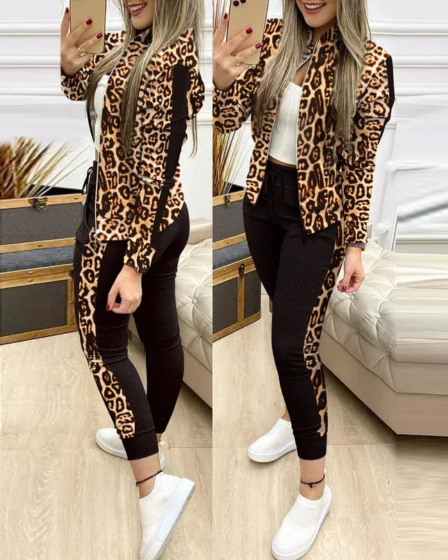 Women's Two-Piece Sequin Zipper Jacket and Sweatpants Set