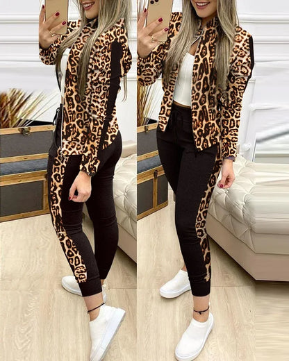 Women's Two-Piece Sequin Zipper Jacket and Sweatpants Set