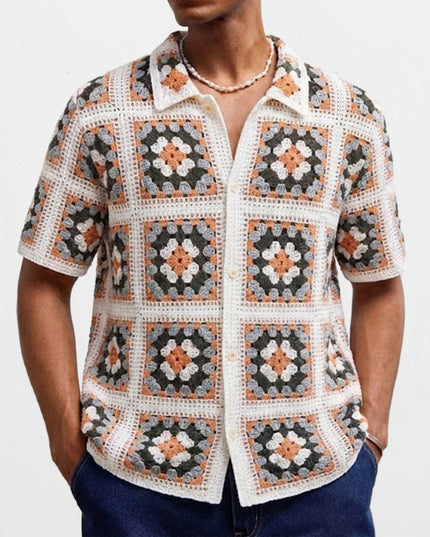 Men's Crochet Short Sleeve Casual Button-Down Shirt
