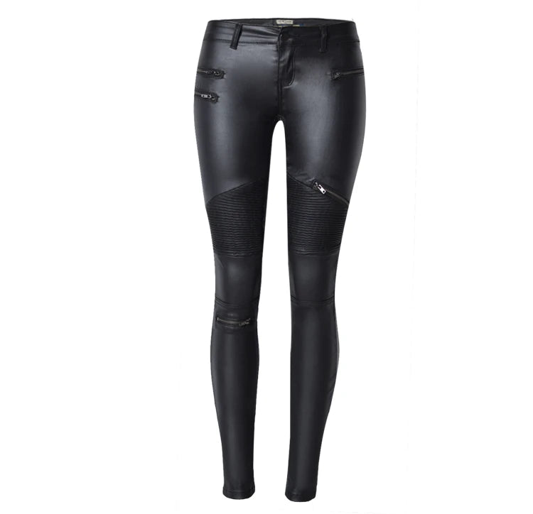 Women's PU Leather-Coated Slim Stretch Pants with Zipper Pockets