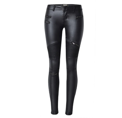 Women's PU Leather-Coated Slim Stretch Pants with Zipper Pockets