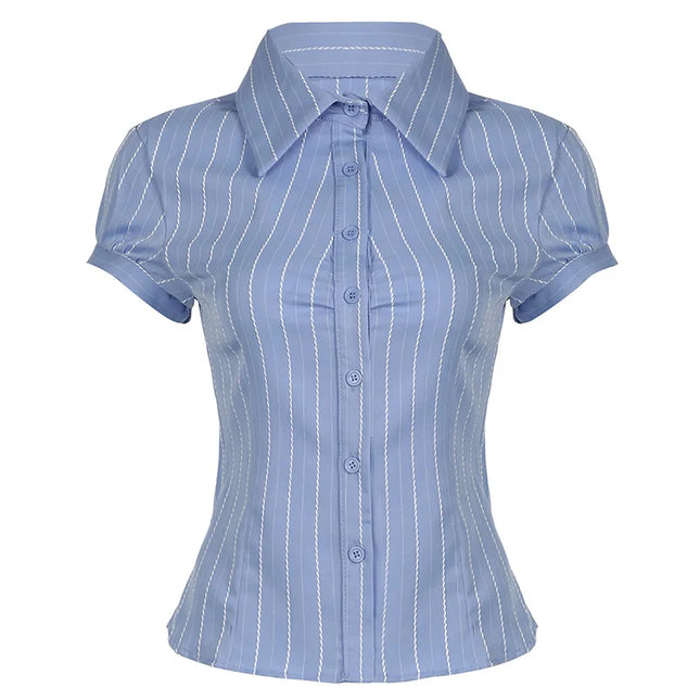 Chic Elegant Striped Button-Up Blouse for Women with Turn-Down Collar