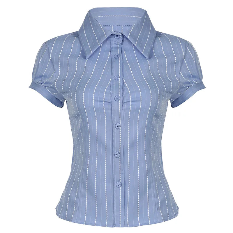 Chic Elegant Striped Button-Up Blouse for Women with Turn-Down Collar
