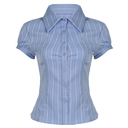 Chic Elegant Striped Button-Up Blouse for Women with Turn-Down Collar