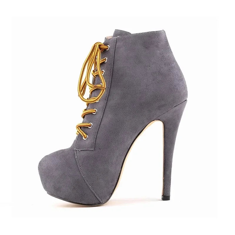 Women's Platform Boots with Side Zipper - High Heels With Lace-Up Design 