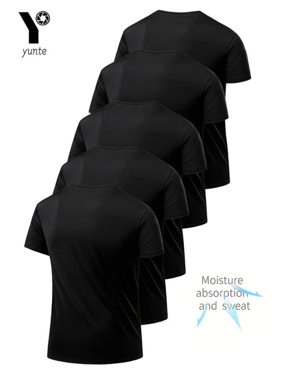 Men's Black Round Neck T-Shirt – 5-Pack, Quick-Drying, Breathable, Sweat-Absorbent