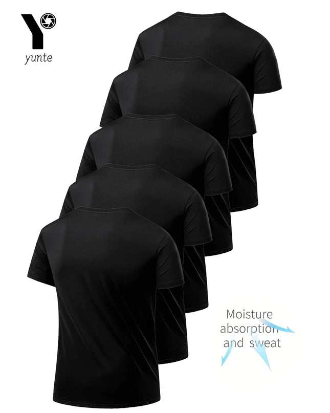 Men's Black Round Neck T-Shirt – 5-Pack, Quick-Drying, Breathable, Sweat-Absorbent