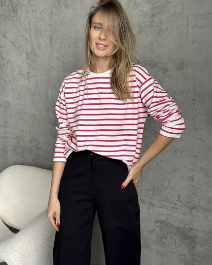 Women's Knitted Stripe Sweater - Loose Fit, Long Sleeve - Various Colors