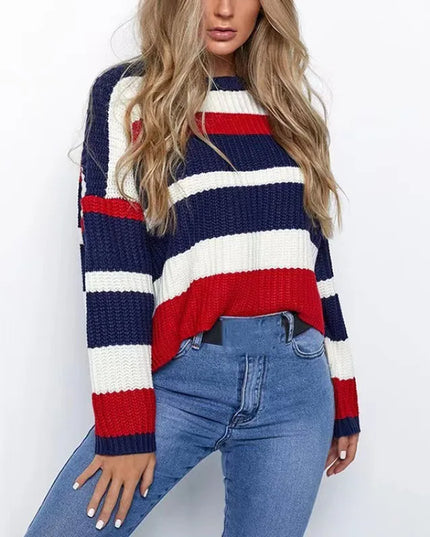 Women's Casual Knitted Sweater with Round Neck and Contrasting Stripe