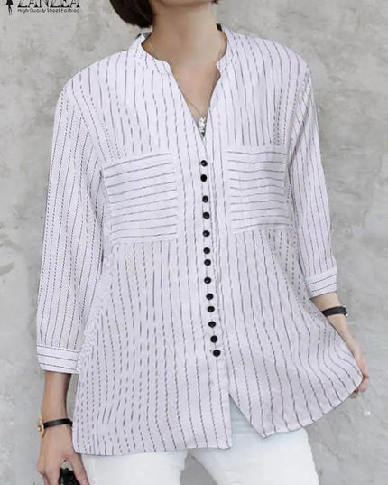 ZANZEA Women's Vintage Striped Blouse - 3/4 Sleeve Loose-Fitting Button-Up Shirt