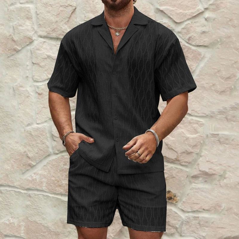 Men's Two-Piece Geometric Texture Shirt & Shorts Set