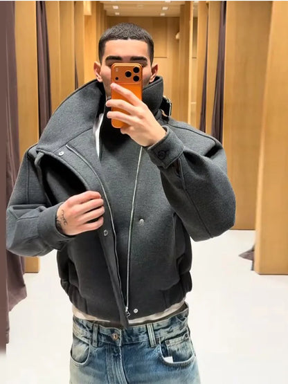 Men's Oversized Stand Collar Jacket with Asymmetric Zip
