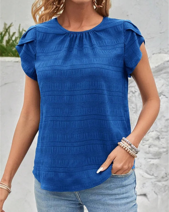 Women's Short Sleeve Loose Fit Round Neck Petal Sleeve Blouse