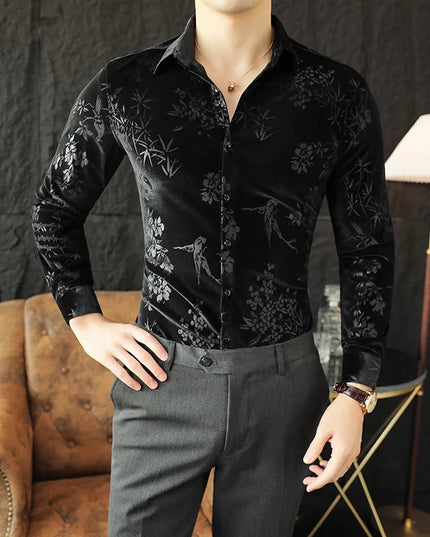 Luxury Velvet Shirt for Men - Slim Fit Casual Floral Design