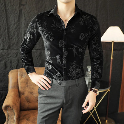 Luxury Velvet Shirt for Men - Slim Fit Casual Floral Design