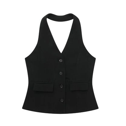 Women's Halter Neck Sleeveless Vest Top & Wide-Leg Pants 2-Piece Set