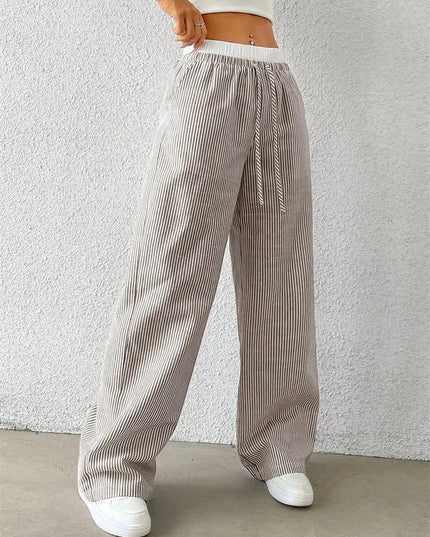 High-Waisted Wide Leg Pants for Women with Stripes, Drawstring, and Loose Fit